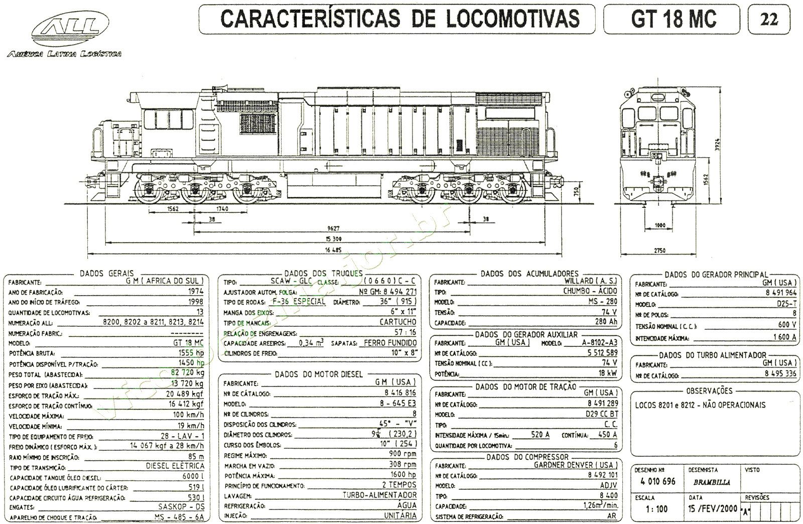 Desenho, dimensões e características da Locomotiva GT18MC da ferrovia ALL