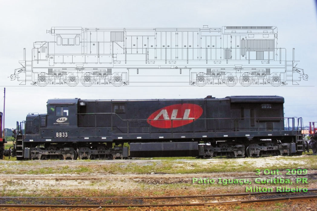 Desenho sobreposto à fotografia lateral de uma locomotiva BB33M da ferrovia ALL