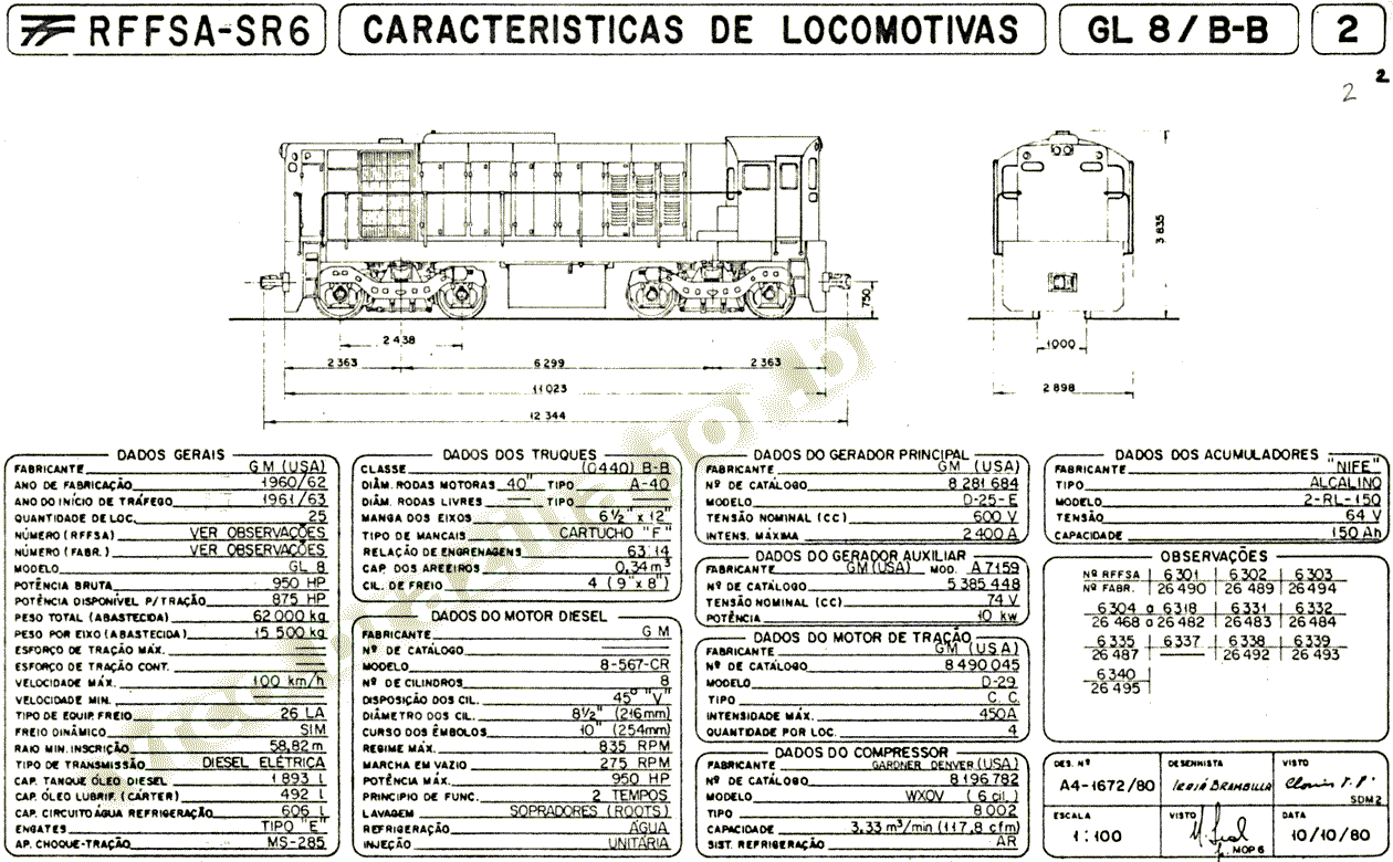 Dimensões e características das Locomotivas GL8 BB da SR-6 - RFFSA - Rede Ferroviária Federal