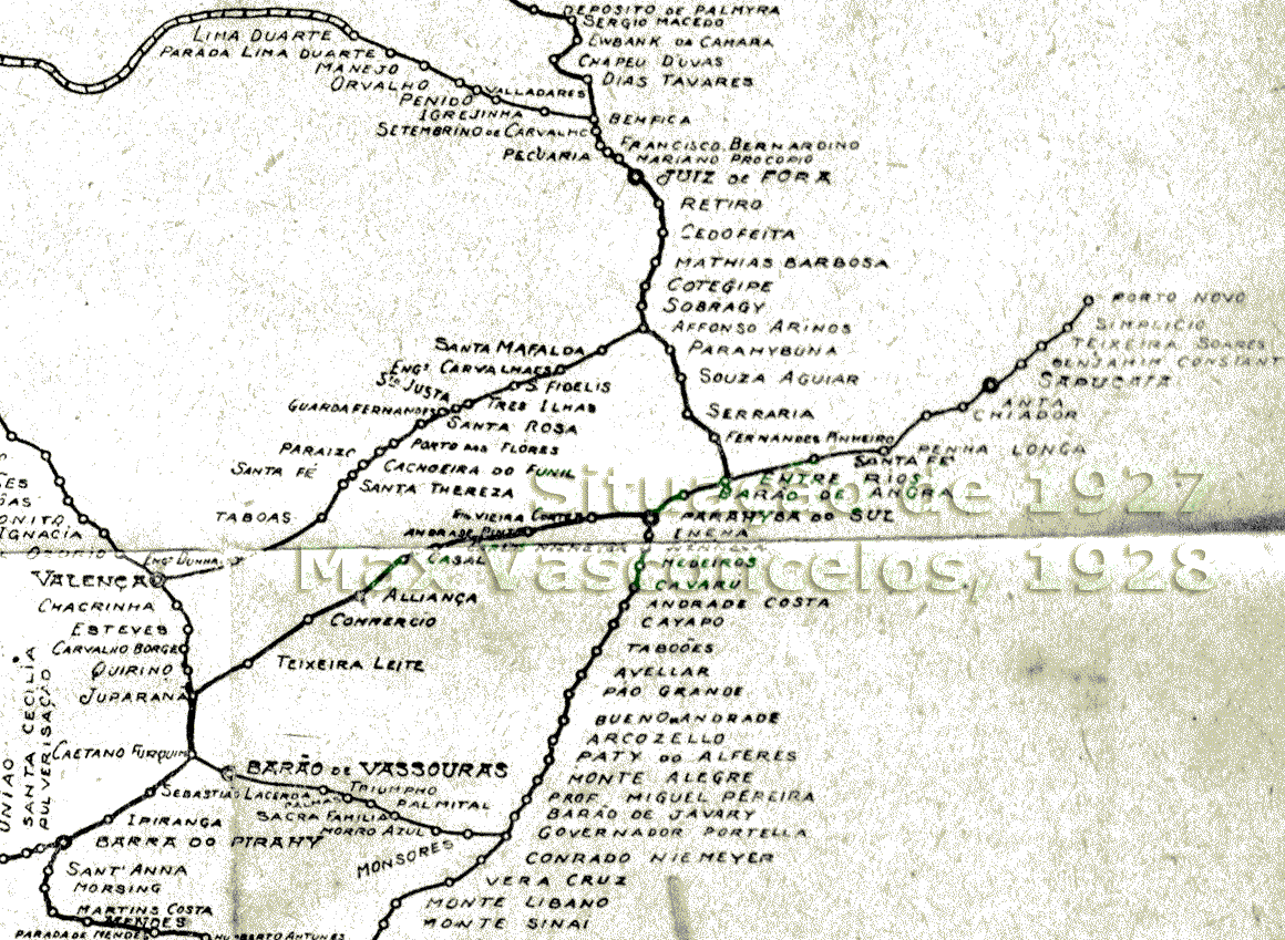 Mapa esquemático das estações da Estrada de Ferro Central do Brasil em 1927:  De Barra do Piraí e Governador Portela a Porto Novo e Juiz de Fora, e trechos ferroviários próximos