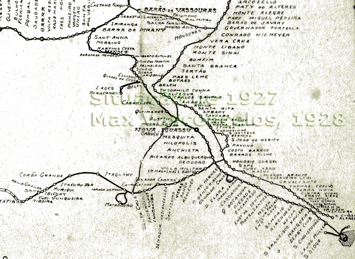 Mapa esquemático das estações da Estrada de Ferro Central do Brasil em 1927  do Rio de Janeiro a Barra do Piraí e Governador Portela; e outros trechos ferroviários próximos