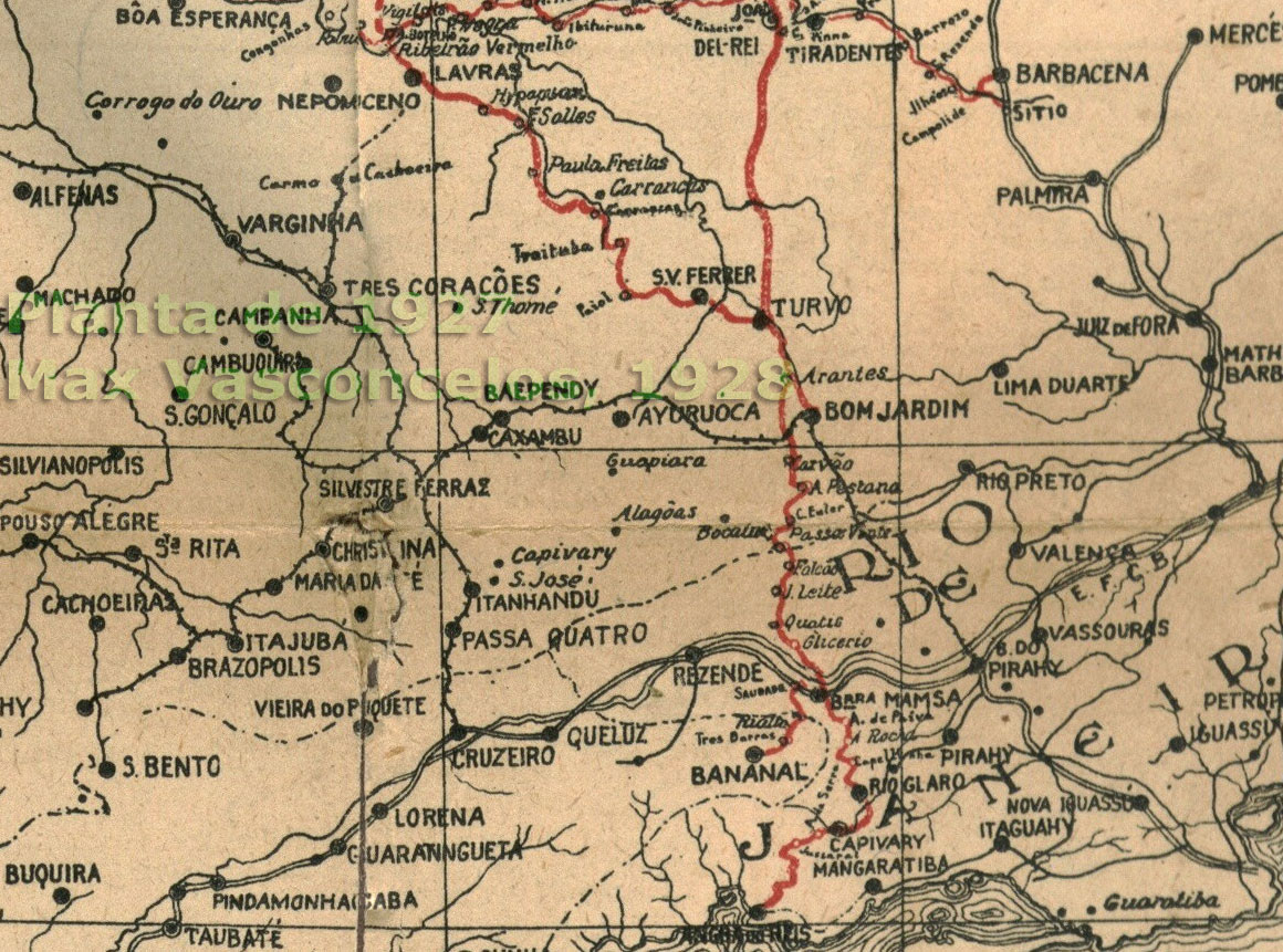 Mapa dos trilhos da EFOM - Estrada de Ferro Oeste de Minas no trecho de Angra dos Reis (RJ) a Lavras (MG) em 1927