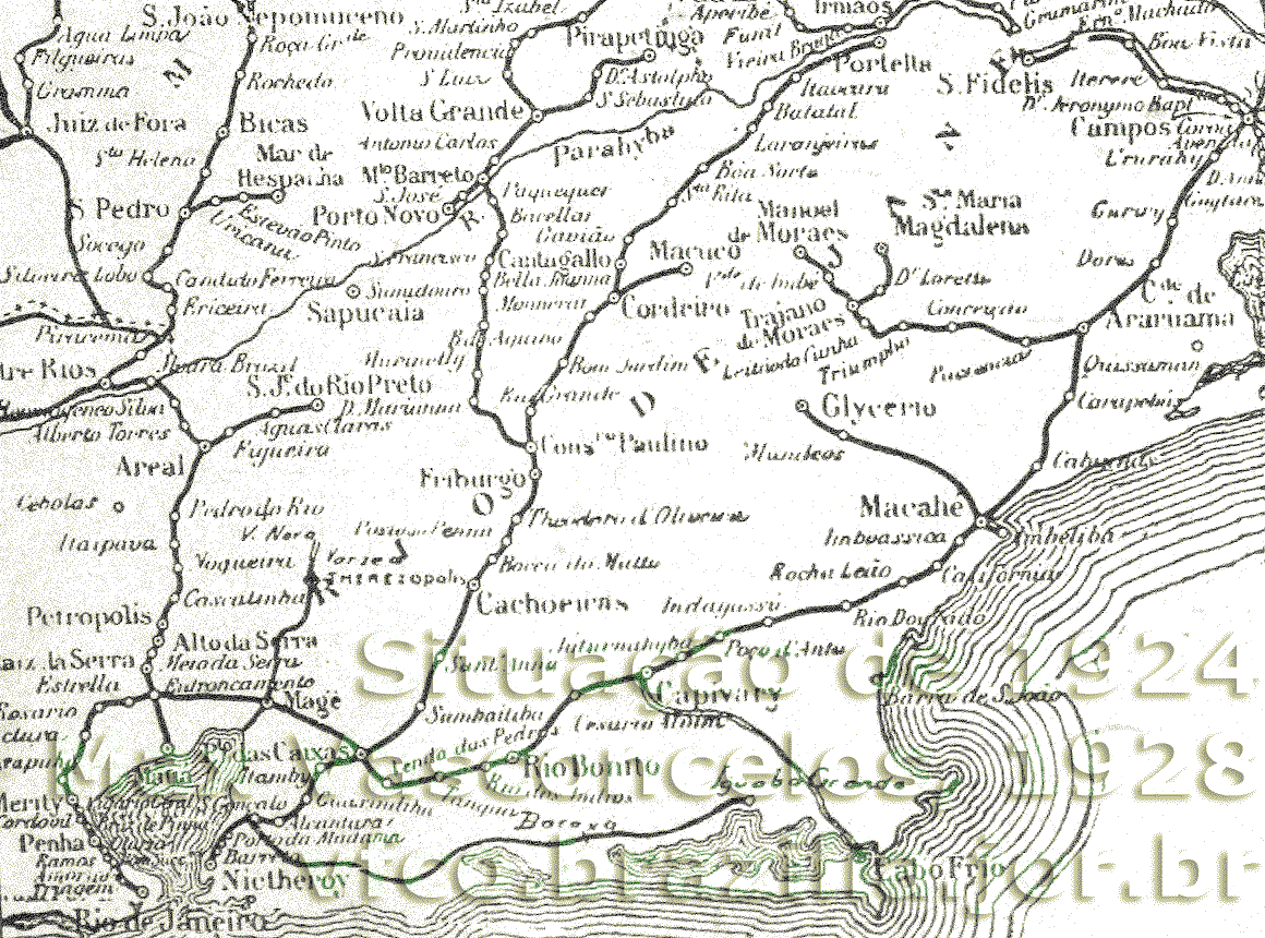 Mapa das ferrovias da Leopoldina do Rio de Janeiro a Campos, Petrópolis, Teresópolis, Friburgo e linhas próximas, em 1924