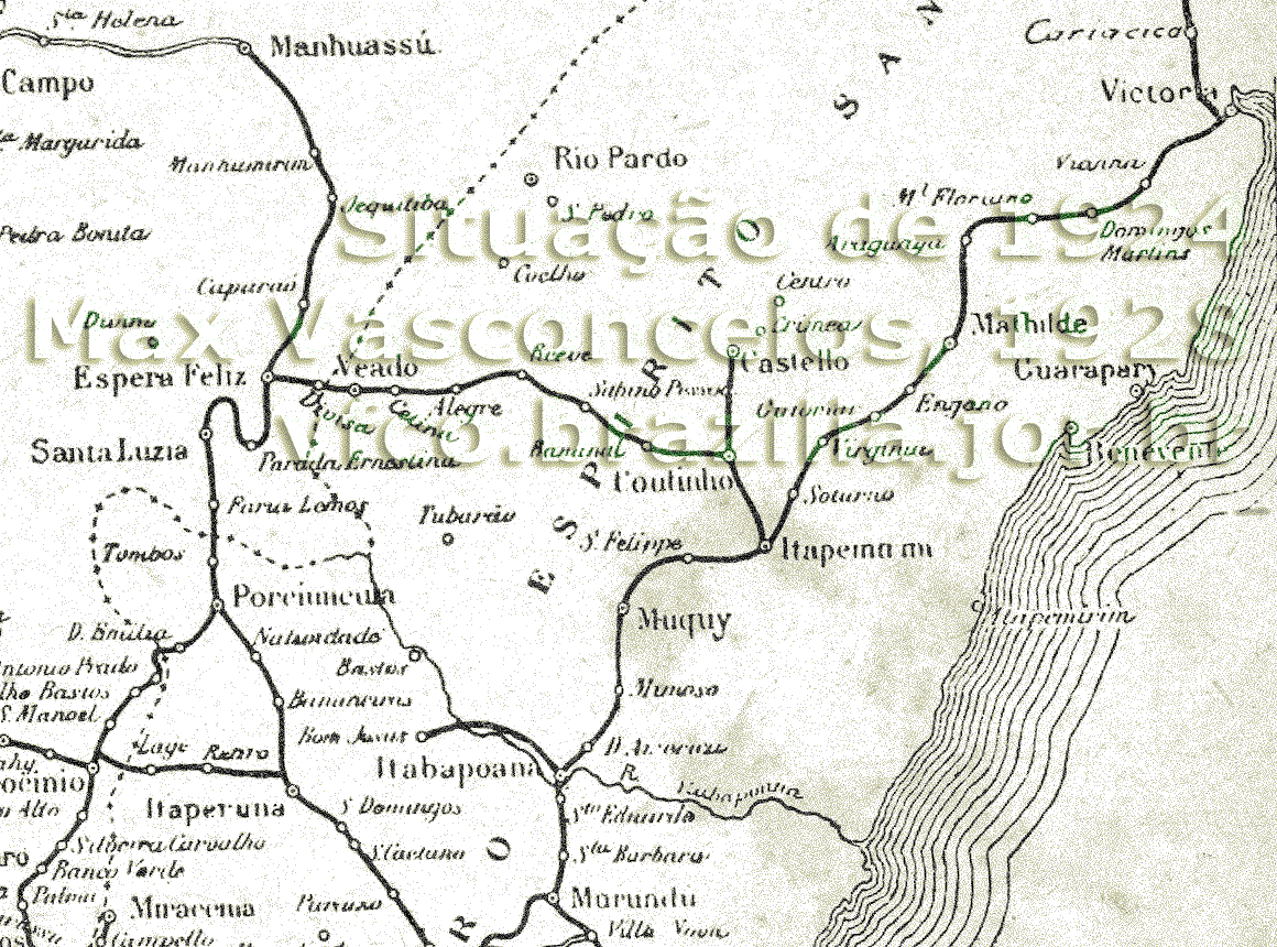 Mapa das ferrovias da Leopoldina no Espírito Santo; de Patrocínio a Manhuaçu; e outras linhas próximas, em 1924