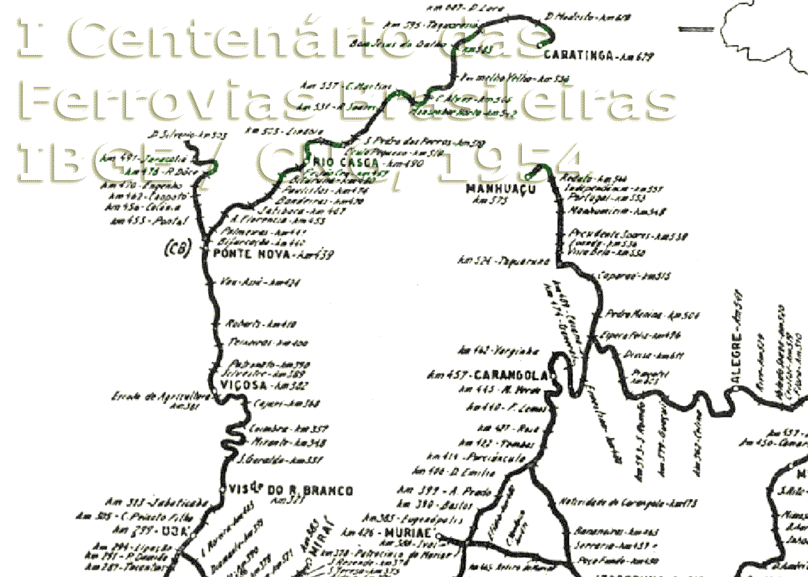 Mapa parcial dos trilhos da Estrada de Ferro Leopoldina - linhas do setor noroeste da ferrovia
