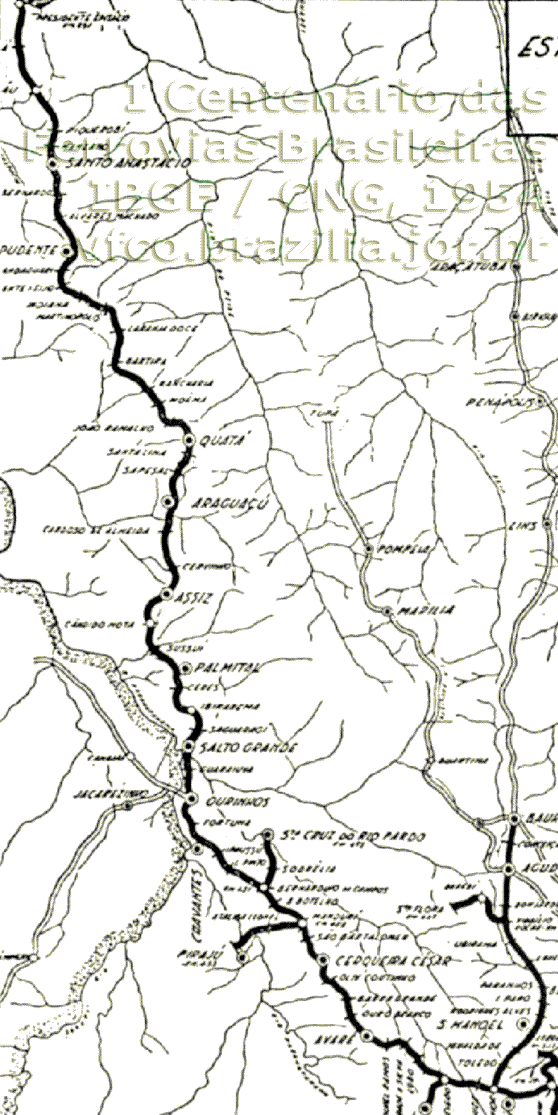 Mapa do trecho de Avaré a Presidente Epitácio da linha tronco da Estrada de Ferro Sorocabana em 1954