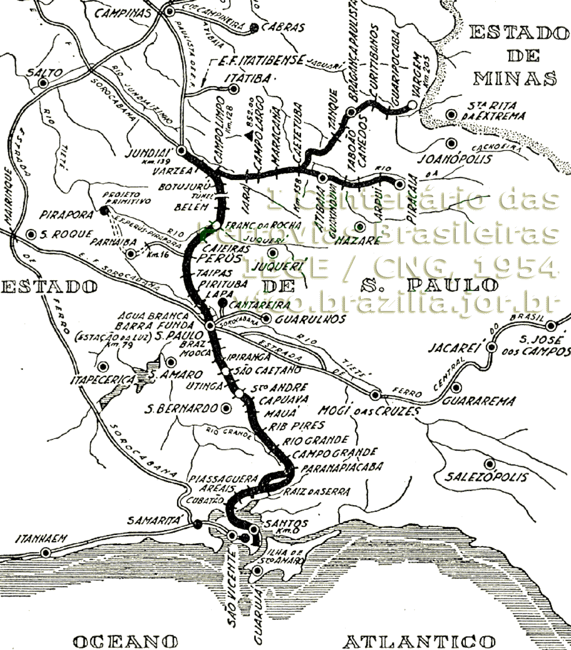 Mapa da Estrada de Ferro Jundiaí em 1954