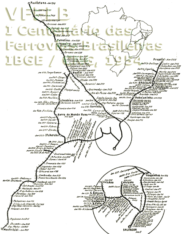 Mapa dos trilhos da VFFLB - Viação Férrea Federal Leste Brasileiro em 1954, com links para os mapas parciais