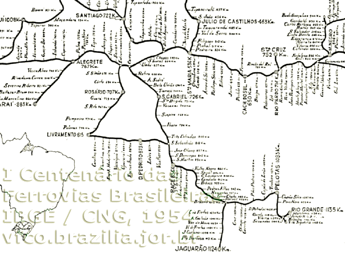 Mapa dos trilhos da região sul da VFRGS - Viação Férrea do Rio Grande do Sul em 1954