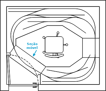 Projeto da maquete, adaptada para um quarto pequeno, com o traçado dos trilhos e a ponte móvel na entrada do quarto