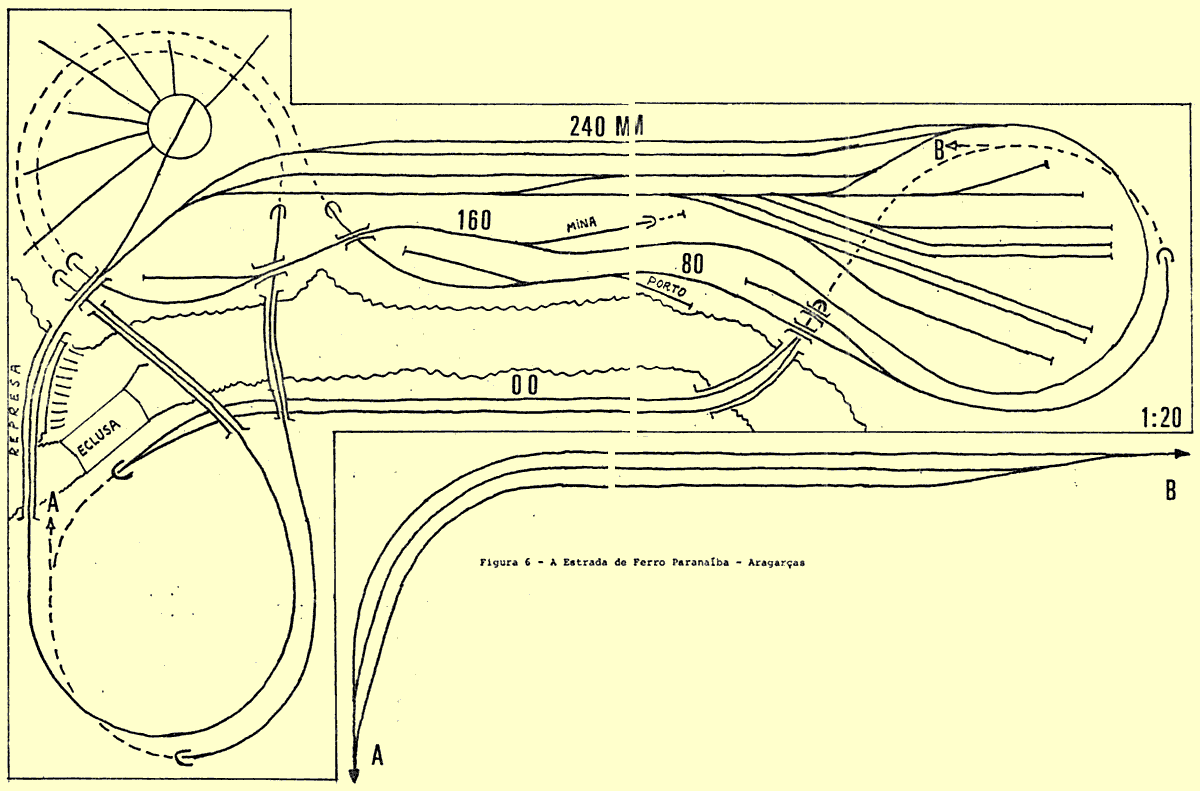 Projeto da maquete (ferreomodelismo) da Estrada de Ferro Paranaíba-Aragarças, com o traçado dos trilhos, pontes, pátios de manobra e de cruzamento, girador de locomotivas e rotunda