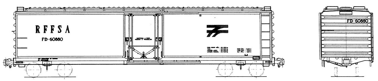Desenho do Vagão fechado FD da RFFSA - Rede Ferroviária Federal, construído pela Mafersa