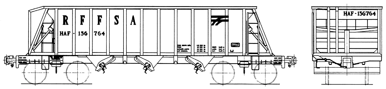 Desenho do Vagão hopper aberto HAF da Rede Ferroviária Federal - RFFSA, construído pela Mafersa