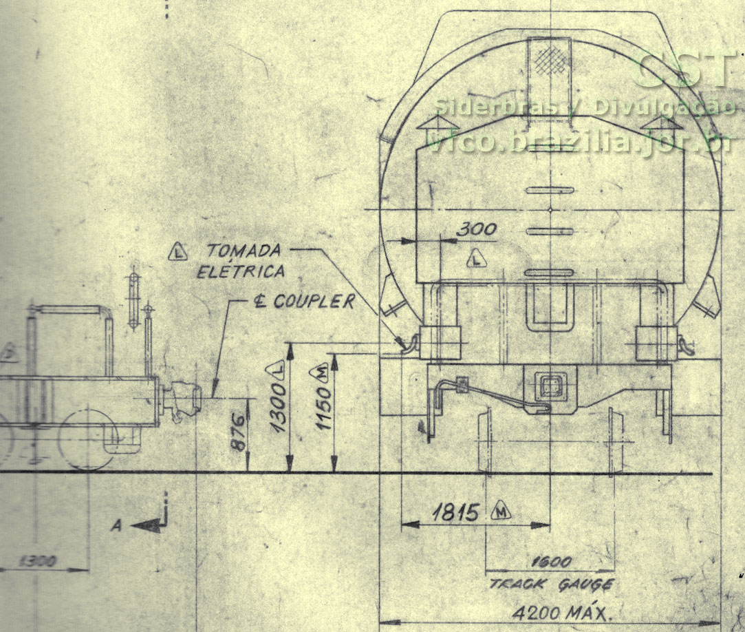 Desenho parcial do vagão torpedo, com detalhes das conexões e outras medidas