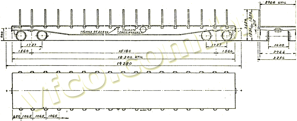 Desenho e medidas do vagão plataforma NLE da 6ª Divisão - Central / RFFSA