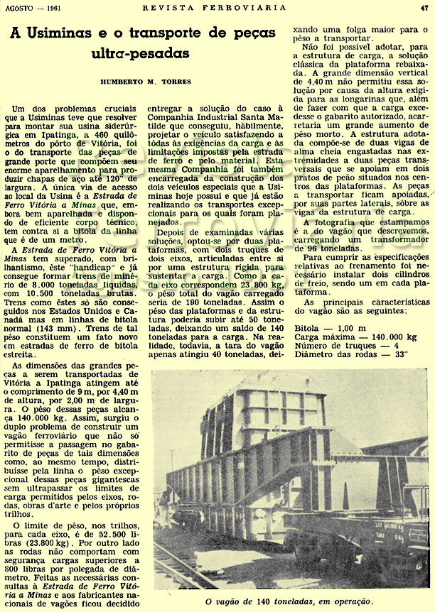 Artigo técnico de Humberto M. Torres na Revista Ferroviária de Agosto de 1961, descrevendo o vagão especial e os desafios da Usiminas para transportar cargas de grande peso e dimensões na Estrada de Ferro Vitória a Minas daquela época