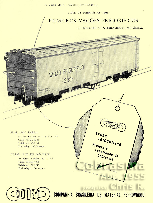 Anúncio de 1955 dos primeiros vagões frigoríficos em estrutura inteiramente metálica da Cobrasma